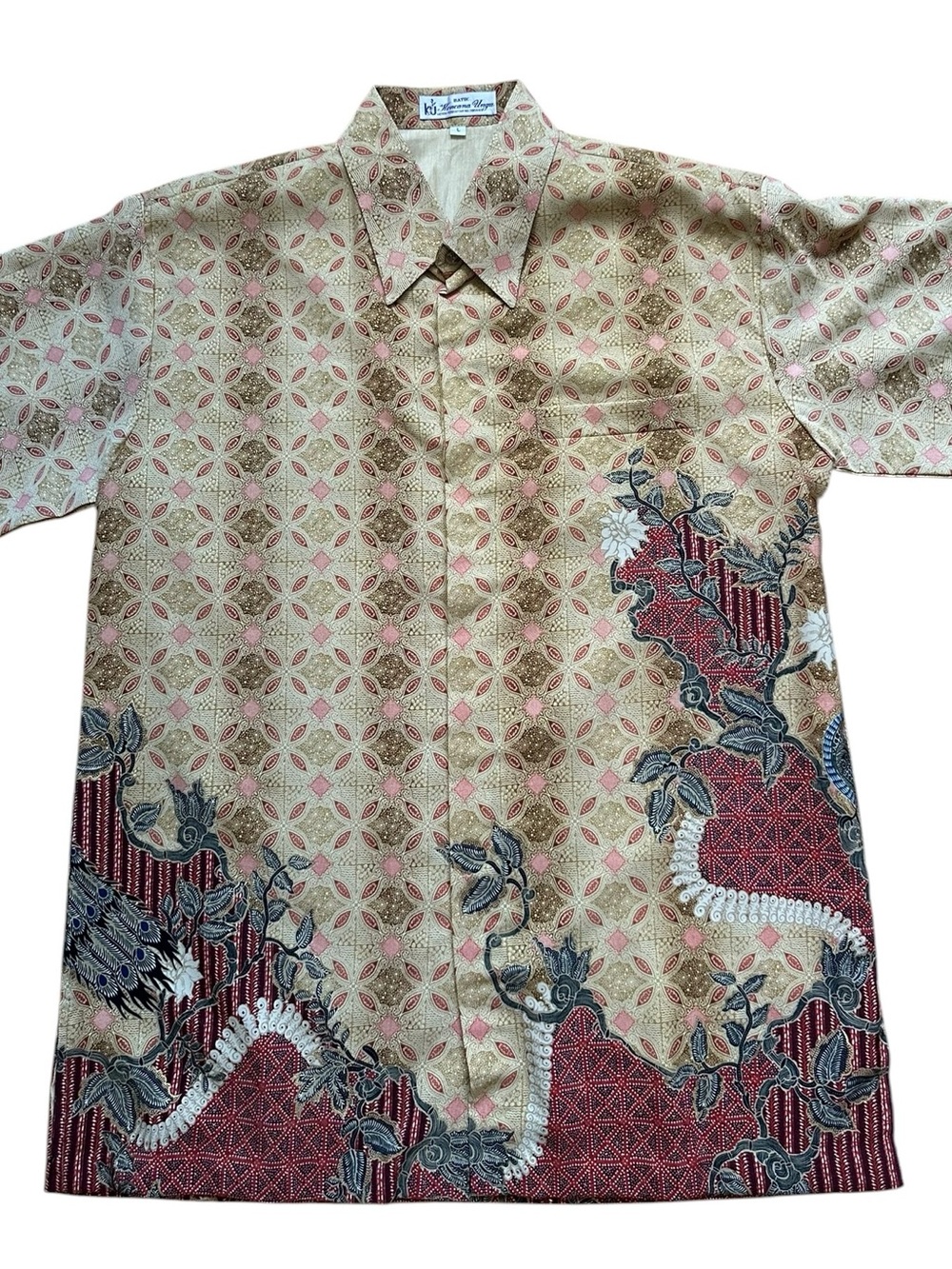 Kencana Ungu Batik Mens L Indonesian Batik Shirt Gold Peacock Traditional Kemeja